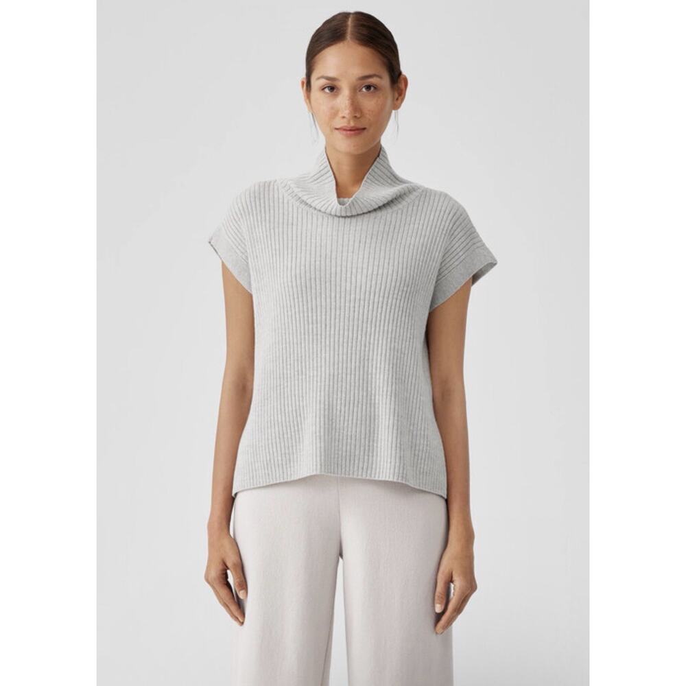 EILEEN FISHER Light Gray Extra Fine Merino Wool Ribbed Short Sleeve Sweater L